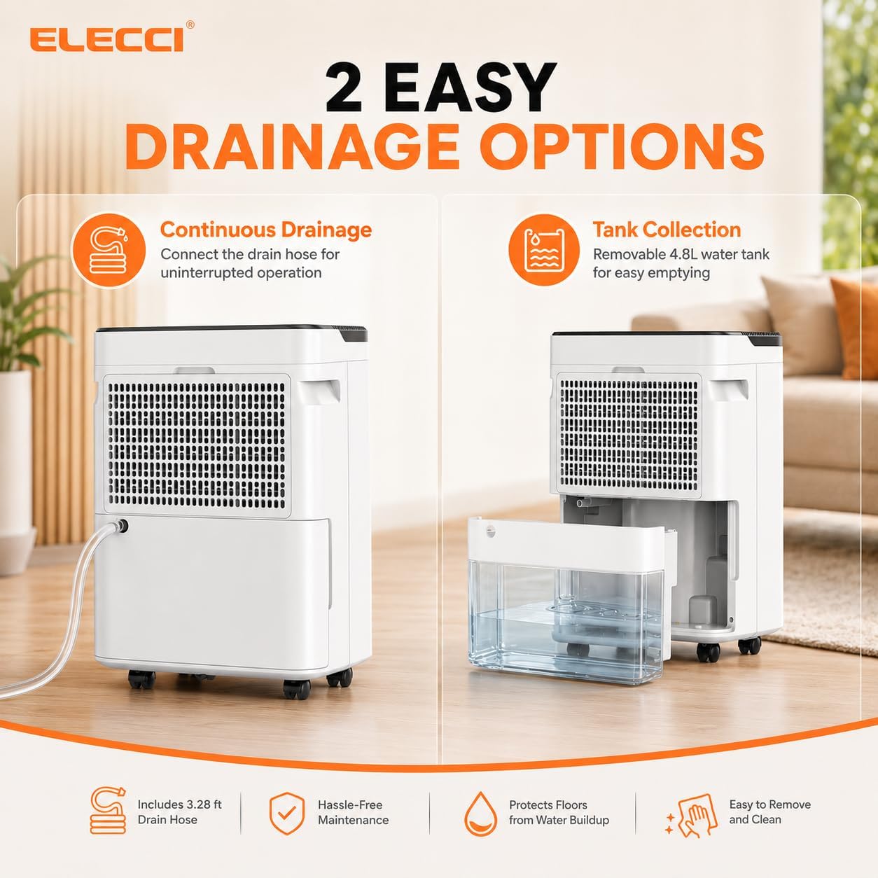 ELECCI 80 Pint Dehumidifier 5500 Sq Ft Smart Humidity Control Drain Hose