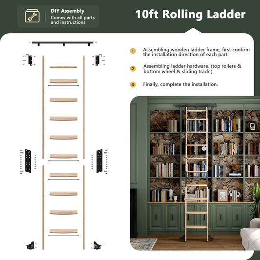 10FT Rolling Library Ladder 9 Step Solid Wood 4FT Sliding Track Handrail