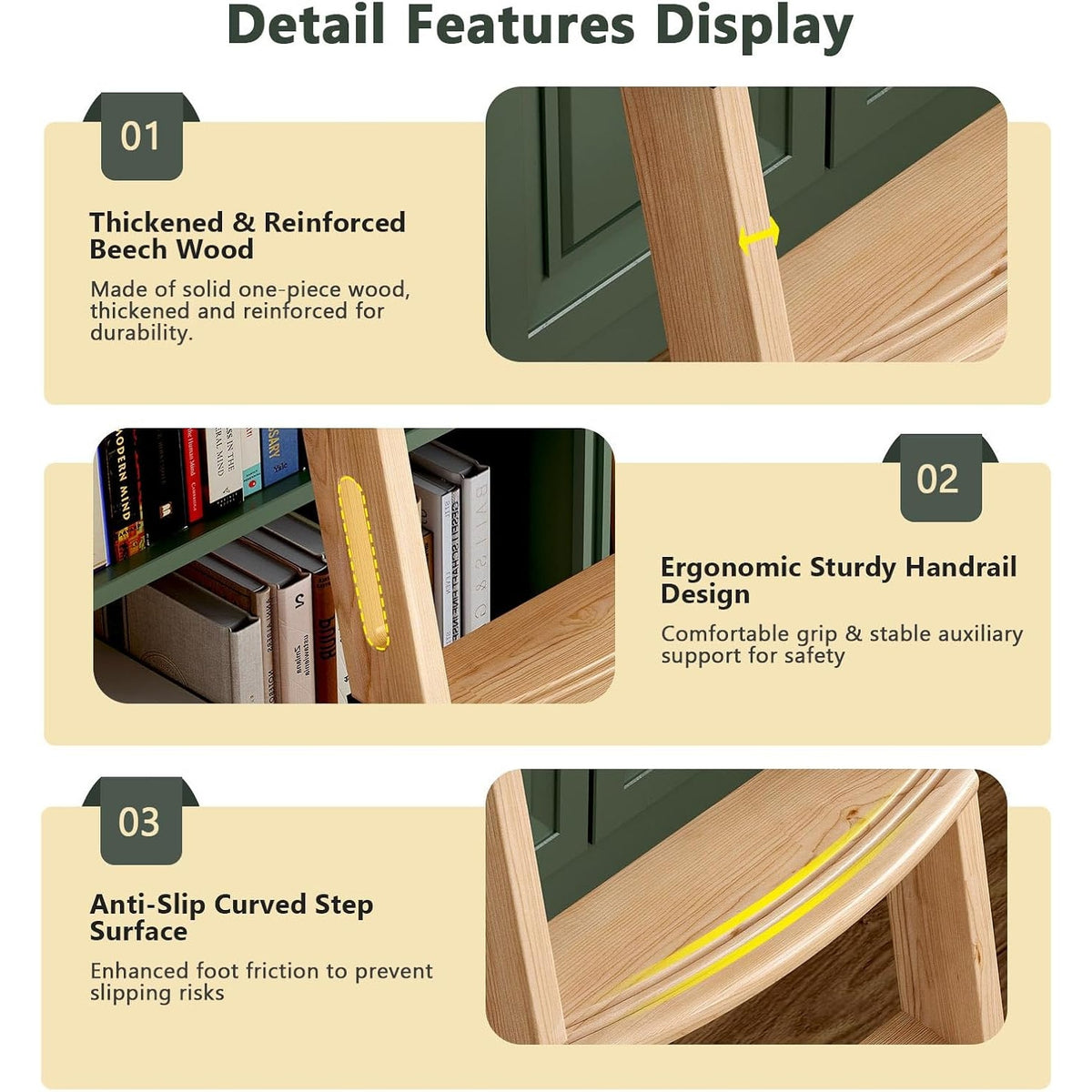 10FT Rolling Library Ladder 9 Step Solid Wood 4FT Sliding Track Handrail