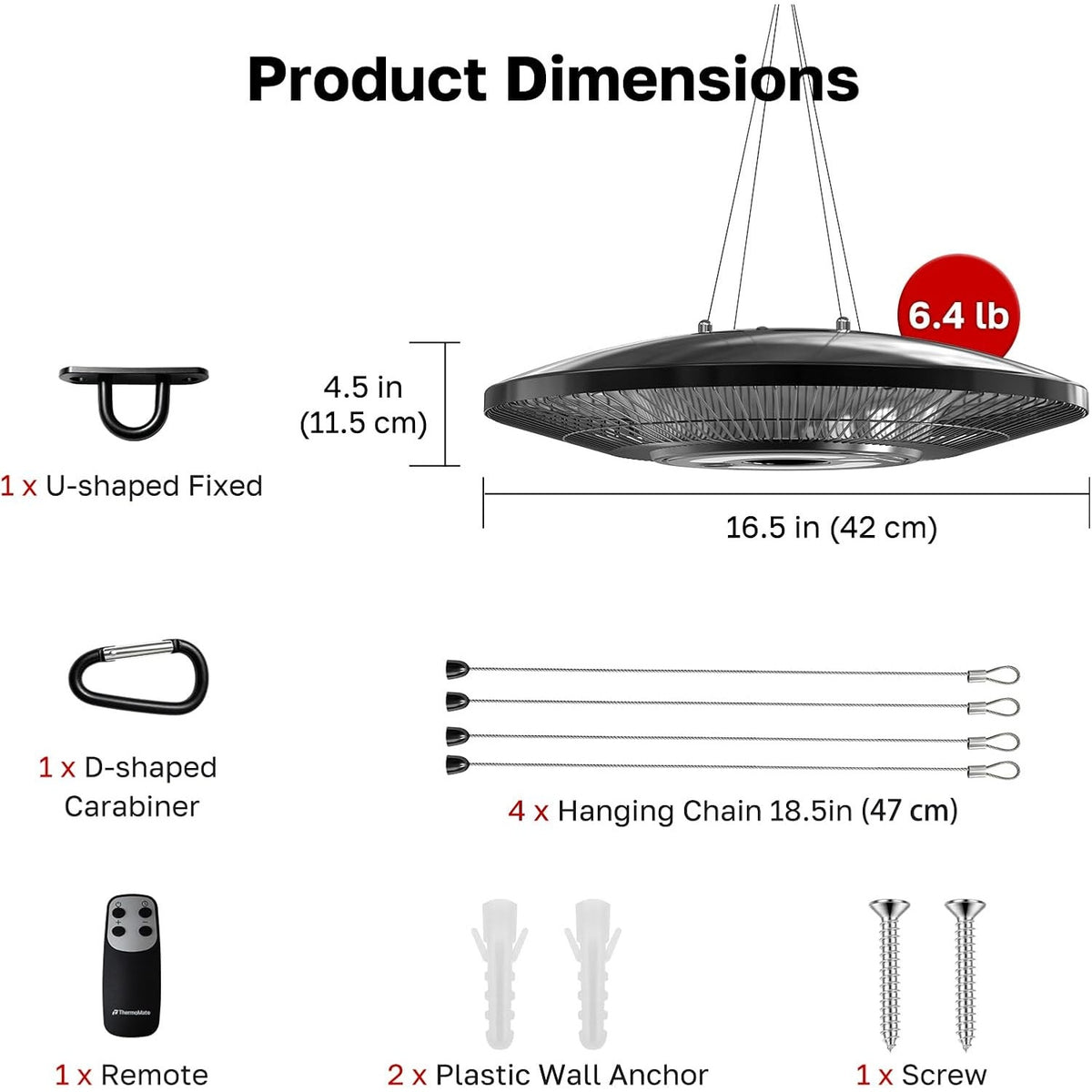 ThermoMate 1500W Hanging Patio Heater IP65 Infrared Ceiling Mount Black