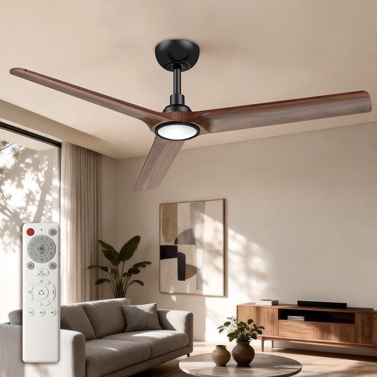 Mildear 52" Solid Wood Ceiling Fan Light Remote Dark Walnut DC Motor 6 Speed