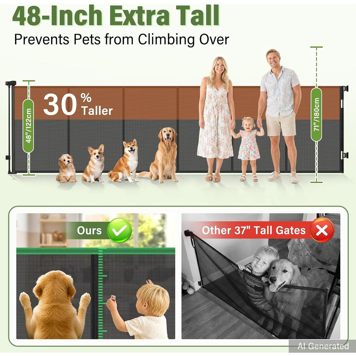 Retractable Baby Dog Gate 48" Tall 180" Extra Wide Mesh Outdoor Deck Black