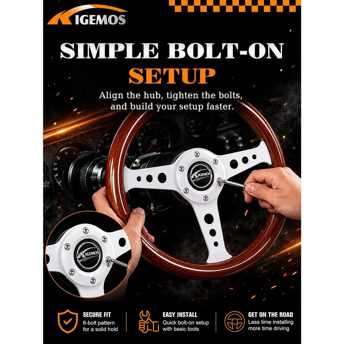 KIGEMOS 350mm 13.8in Peach Wood Chrome Racing Steering Wheel Horn Button