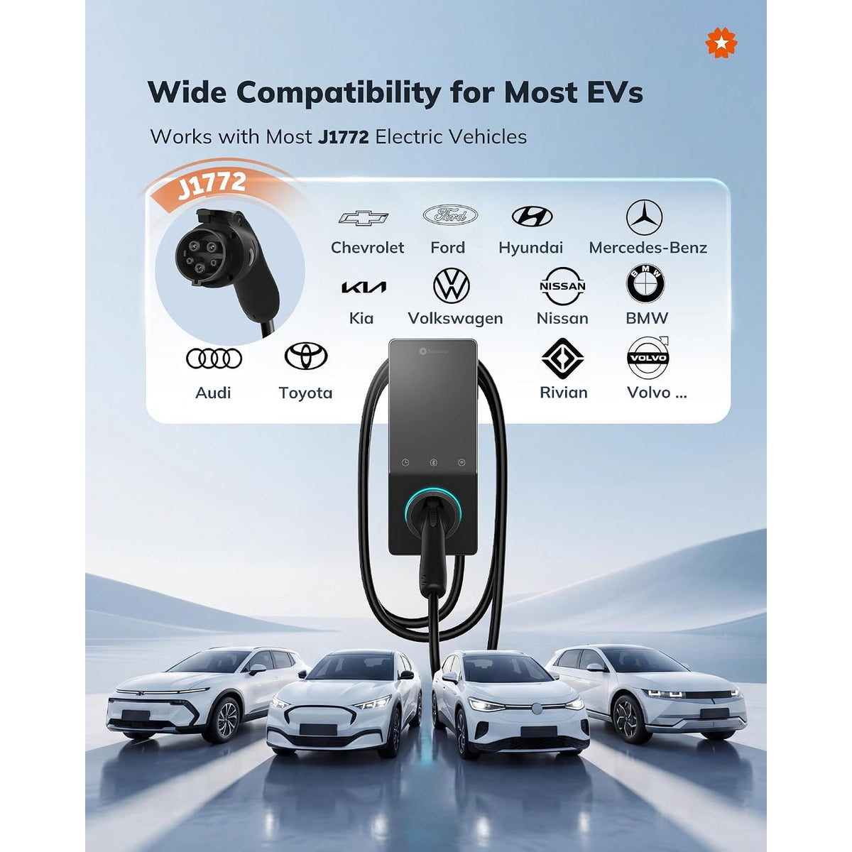 StarCharge 50A 12kW Level 2 EV Charger J1772 Hardwired 25ft WiFi Alexa
