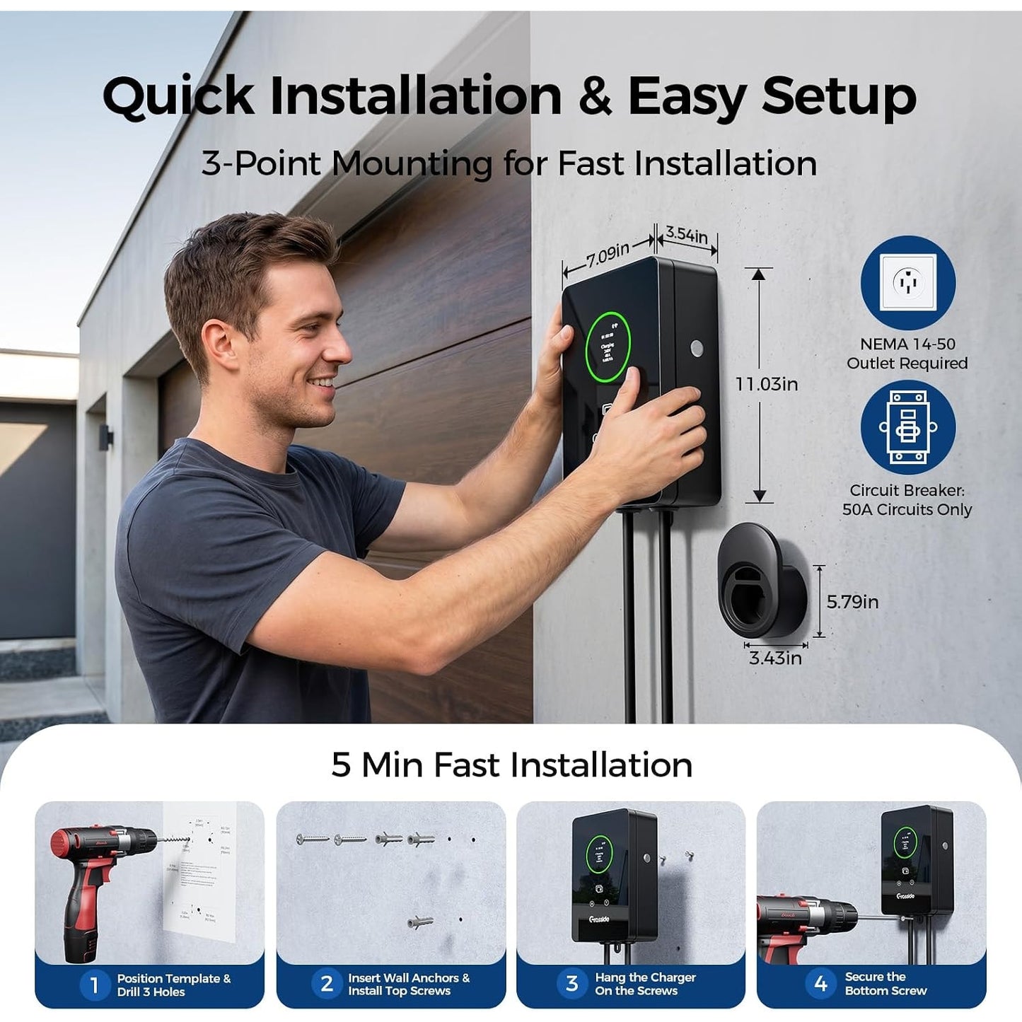 Level 2 EV Charger 40A 9.6kW NEMA 14-50 J1772 25FT WiFi RFID ETL Certified