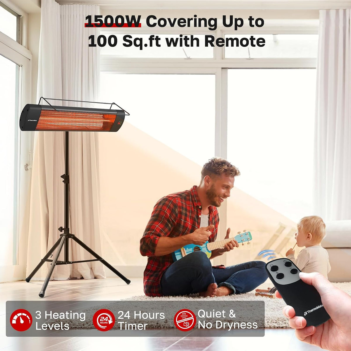 ThermoMate 1500W Infrared Patio Heater with Tripod IP65 Remote 24H Timer Black