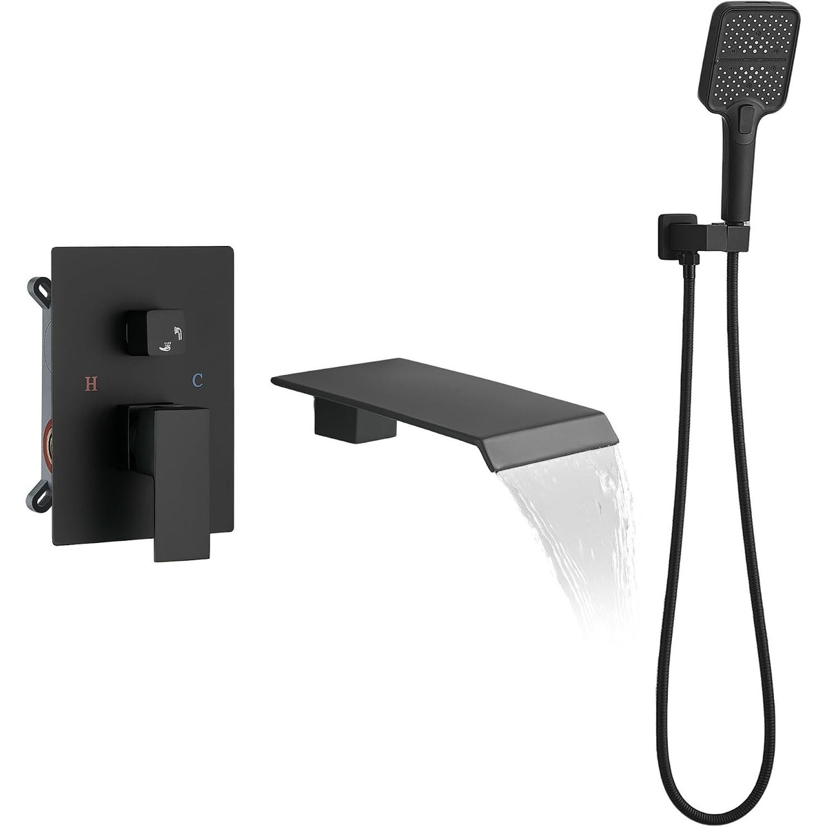 ALGRTS Wall Mount Waterfall Tub Faucet Matte Black Hand Shower 2-Function