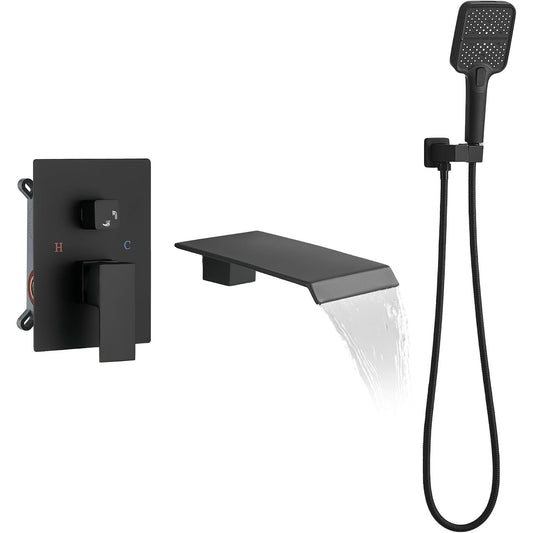 ALGRTS Wall Mount Waterfall Tub Faucet Matte Black Hand Shower 2-Function