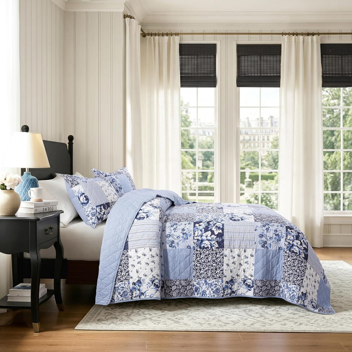 Palassio 100% Cotton Reversible Patchwork Quilt King Blue Grey Floral 3 Piece