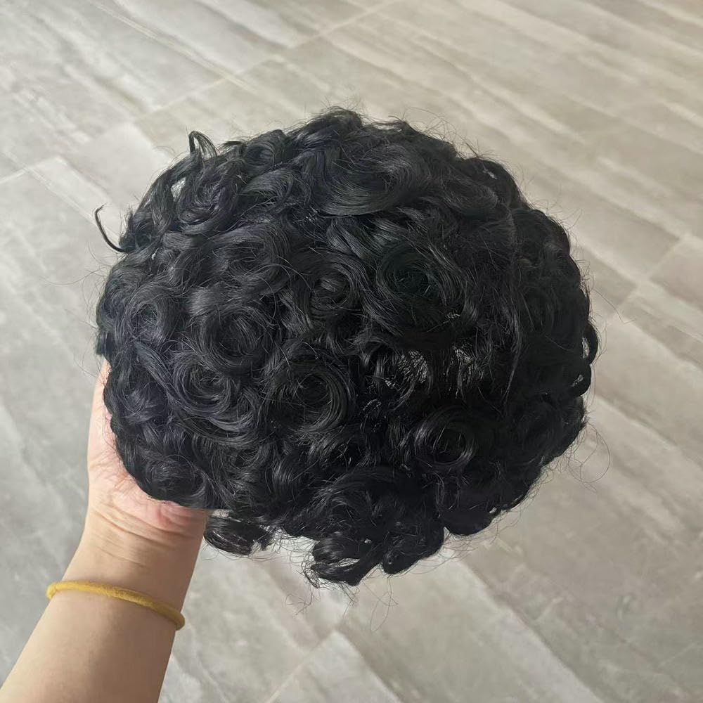 20MM Curly Mens Toupee 8x10 Mono PU 100% Human Hair 1B Hair Replacement