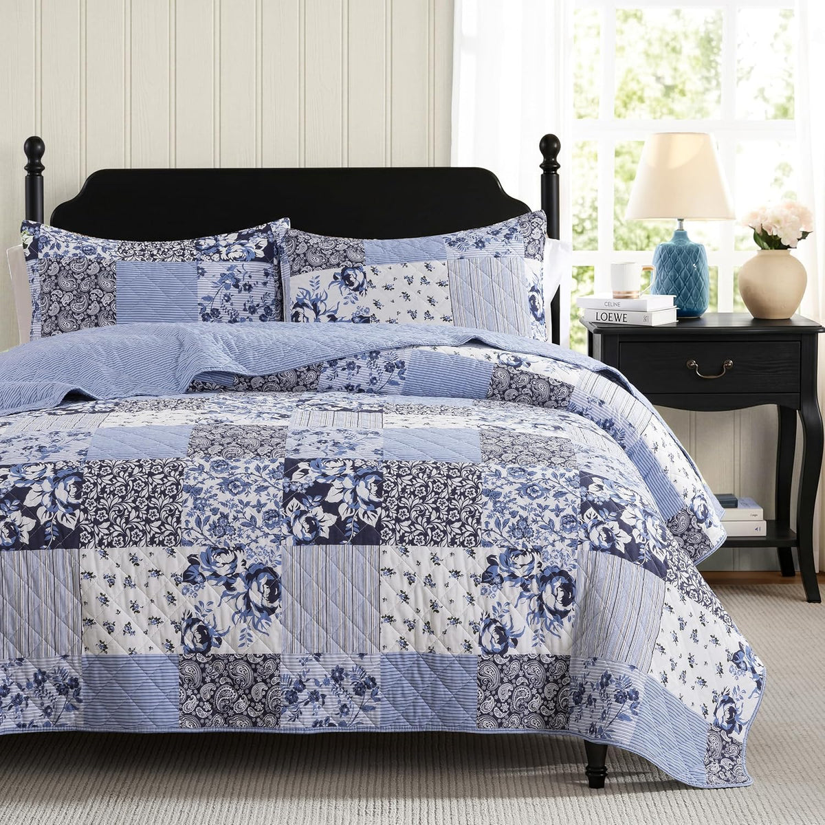 Palassio 100% Cotton Reversible Patchwork Quilt King Blue Grey Floral 3 Piece