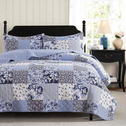Palassio 100% Cotton Reversible Patchwork Quilt King Blue Grey Floral 3 Piece