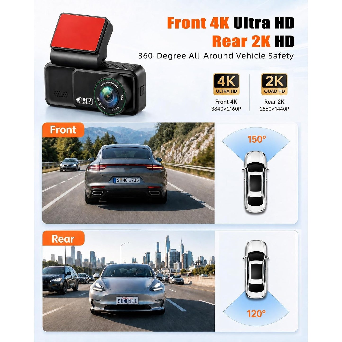 4K+2K Dual Dash Cam Front and Rear WiFi GPS ADAS Night Vision Parking Monitor