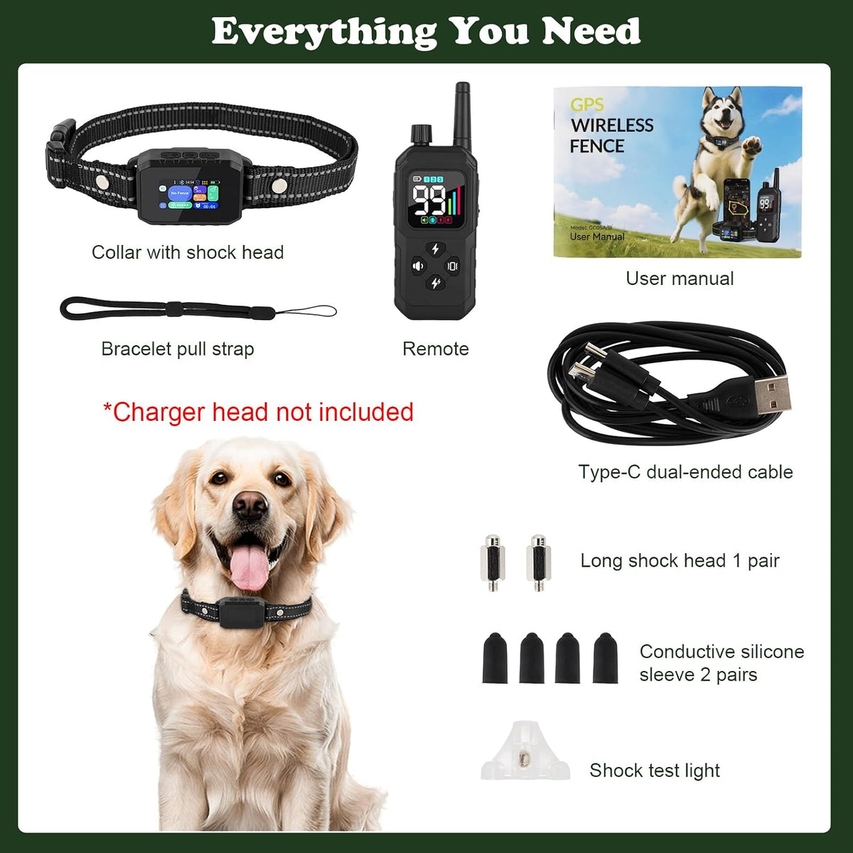 GPS Wireless Dog Fence Collar Training System No Monthly Fee App IP67 7000ft