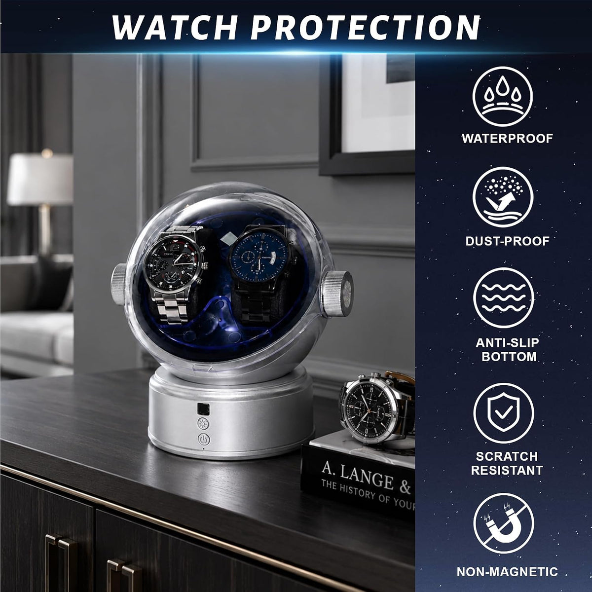 Automatic Watch Winder 2 Slots Astronaut Style Silver Quiet Japanese Motor LED