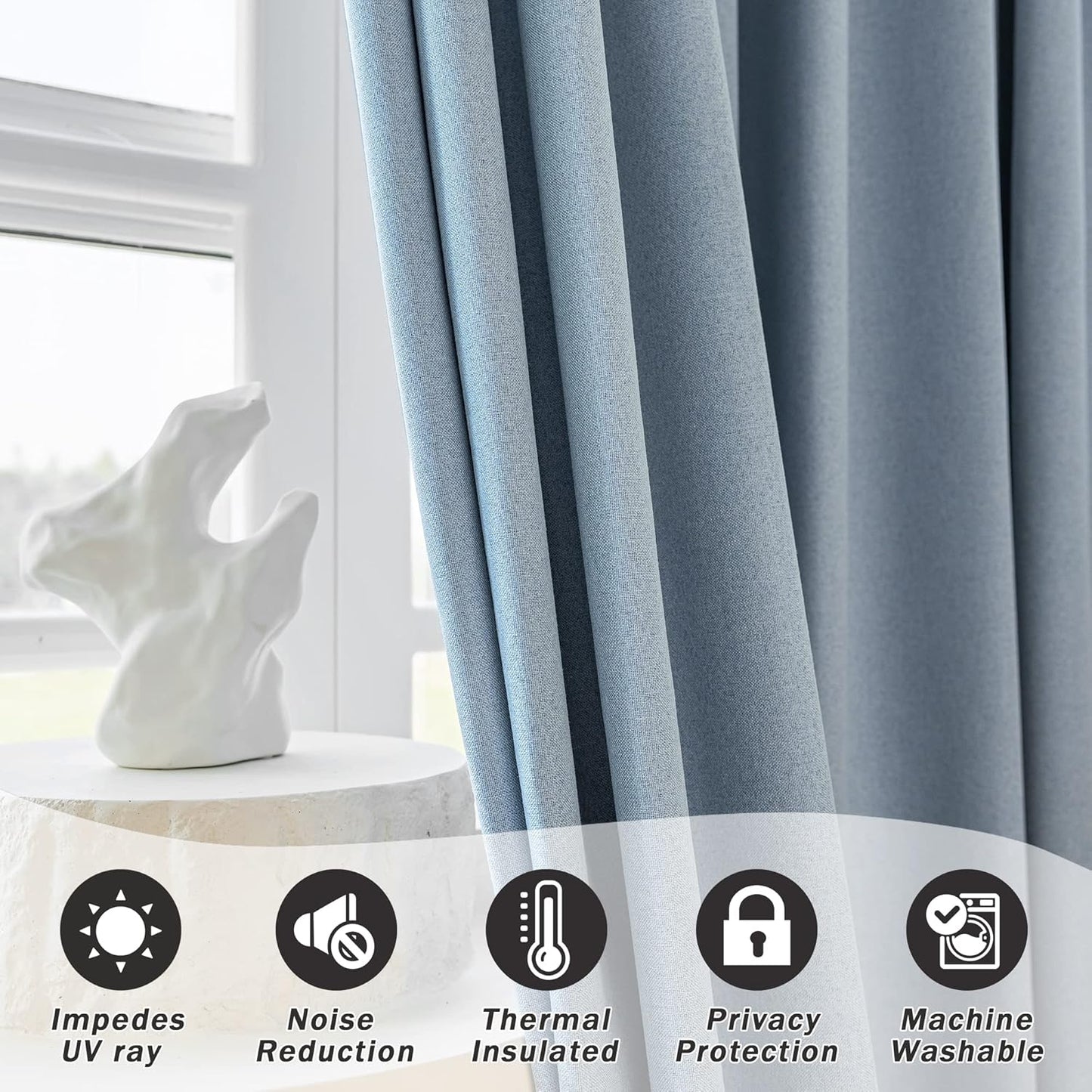 MUMFAS Linen Pinch Pleat 100% Blackout Curtain Panel 52x96 Stone Blue