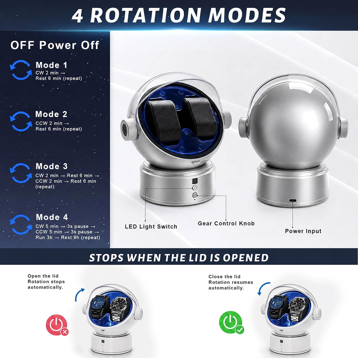 Automatic Watch Winder 2 Slots Astronaut Style Silver Quiet Japanese Motor LED