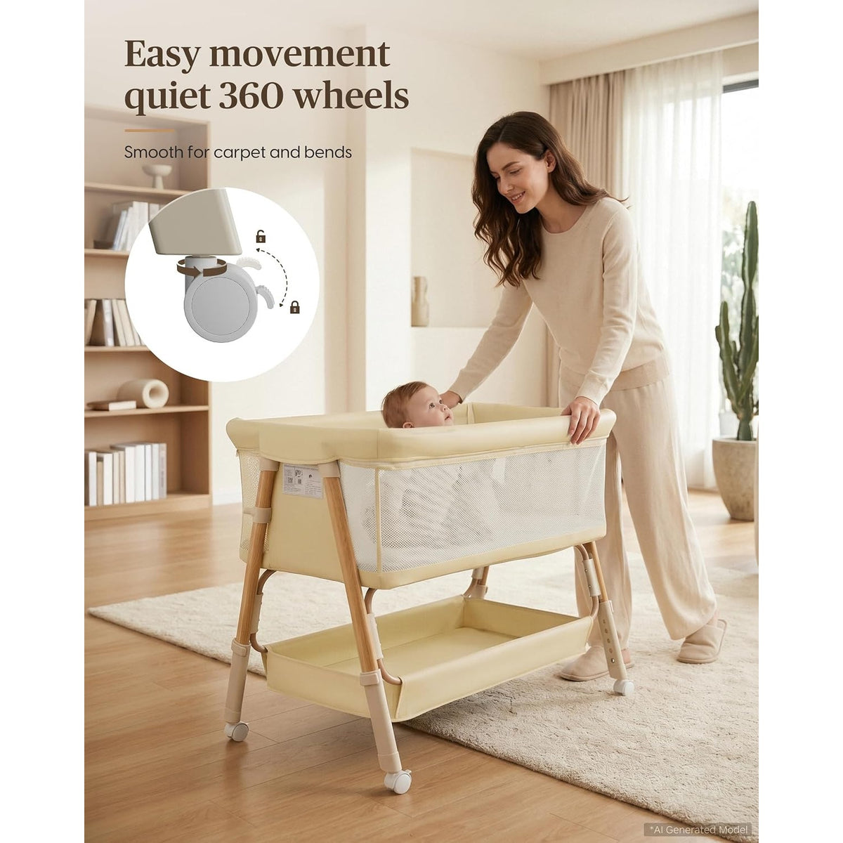 3 in 1 Baby Bassinet Bedside Sleeper Crib 5 Adjustable Heights Mesh Wheels