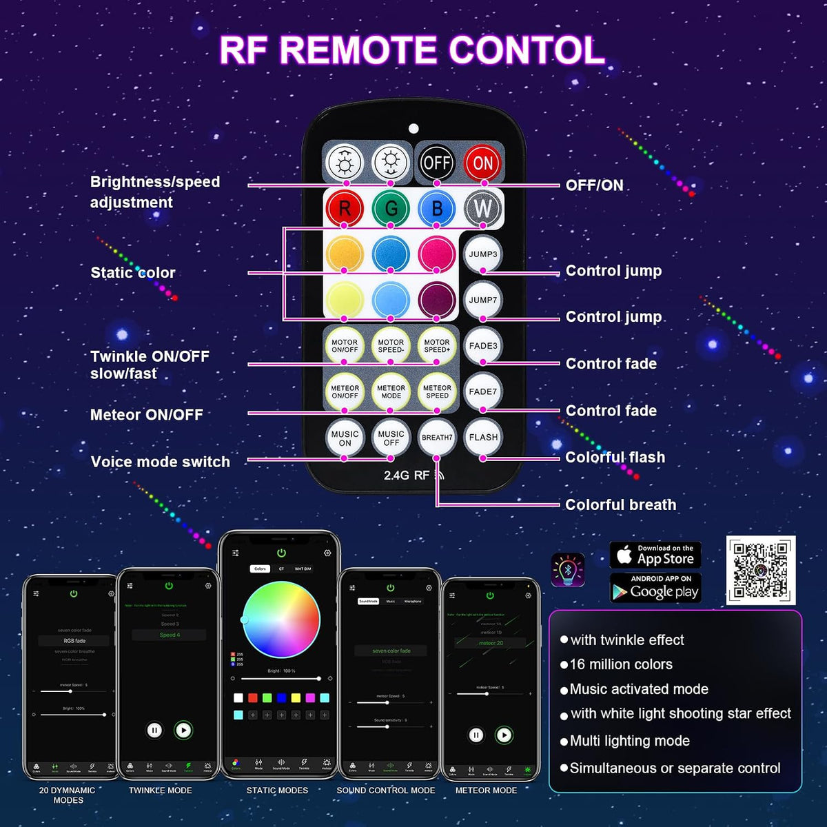 WEBUPAR 450pc Fiber Optic Starlight Headliner 16W RGBW Twinkle Meteor APP