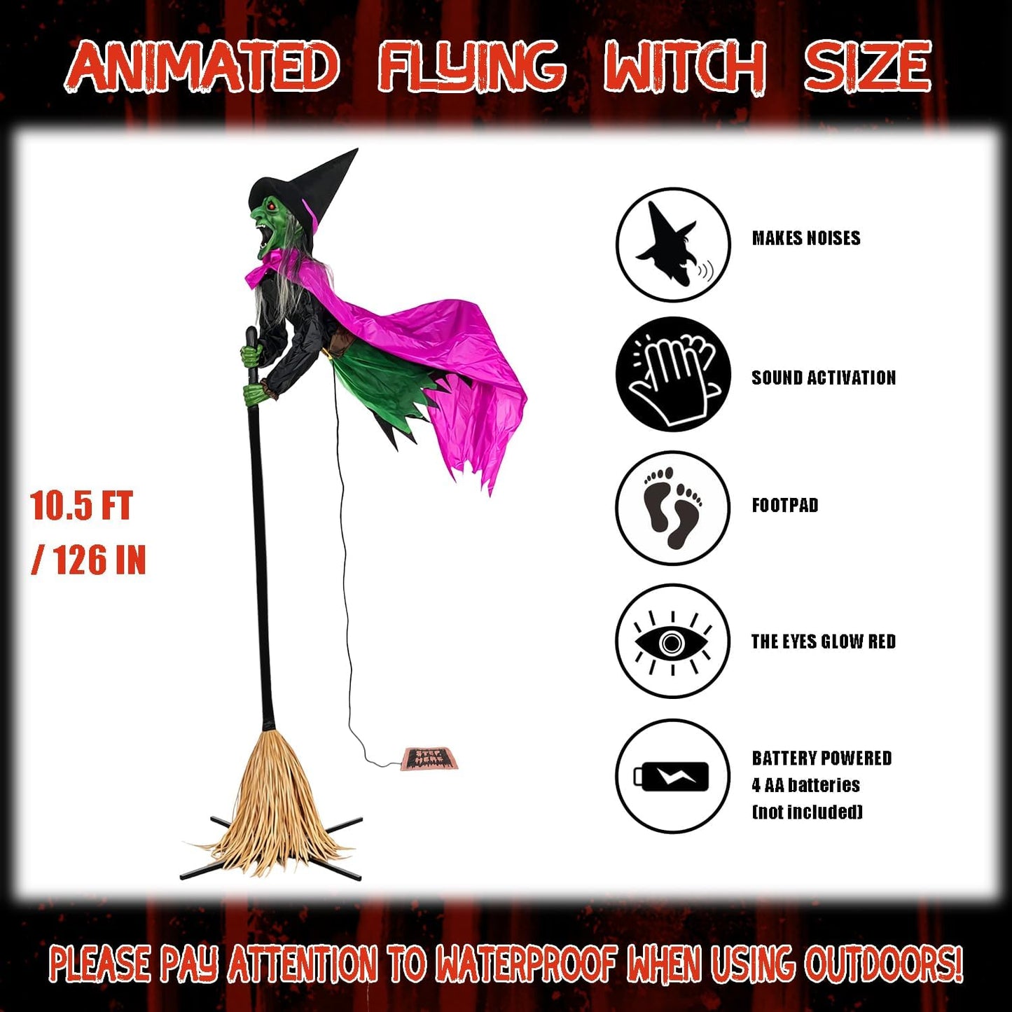 10.5FT Flying Witch Halloween Animatronic Hovering Broom Sound Light Outdoor