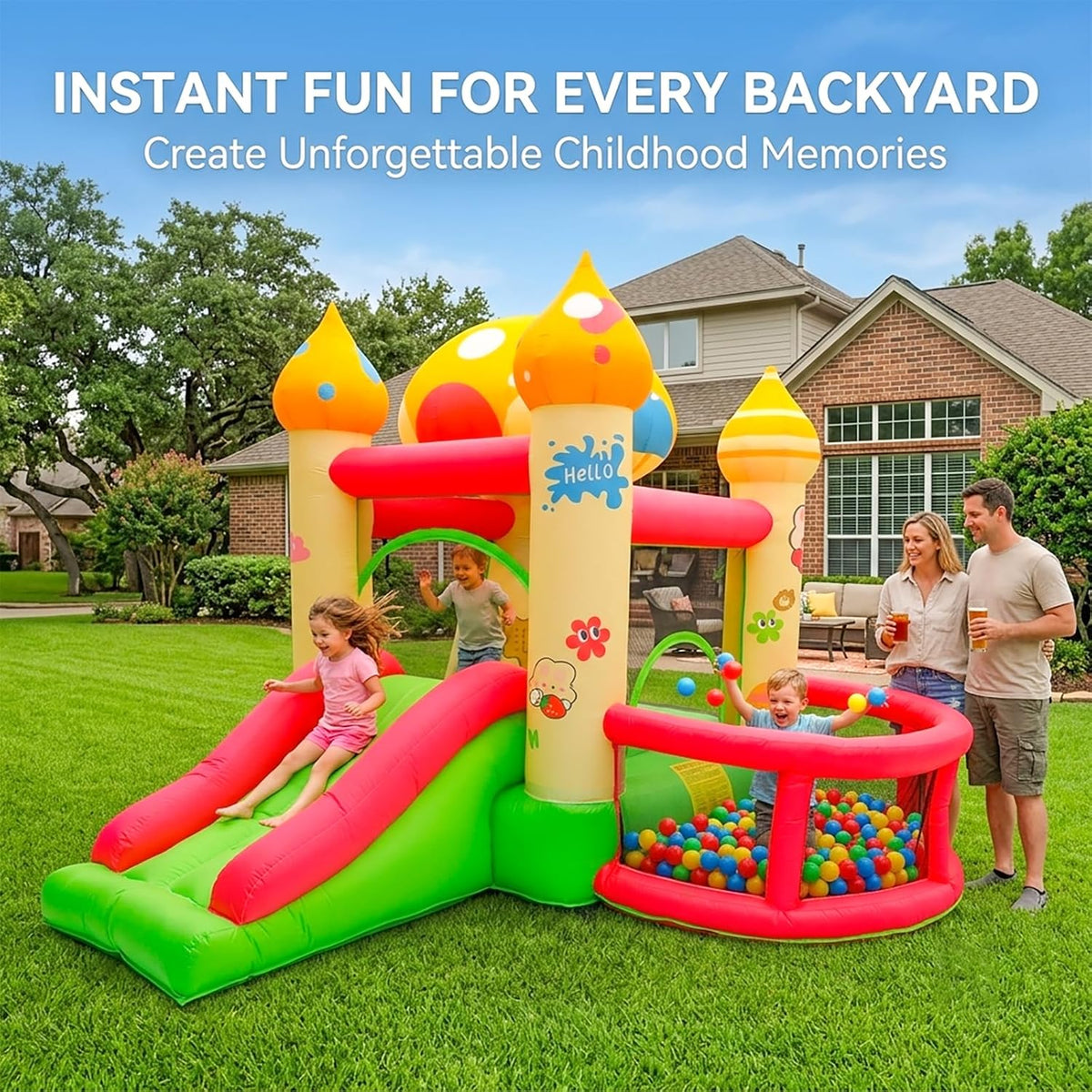 Inflatable Bounce House w/ Slide, Ball Pit, Blower Kids Bouncy Mushroom Castle