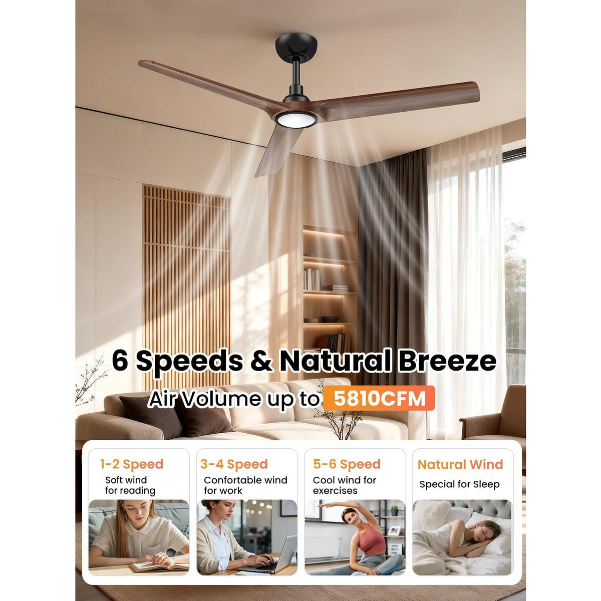 Mildear 52" Solid Wood Ceiling Fan Light Remote Dark Walnut DC Motor 6 Speed