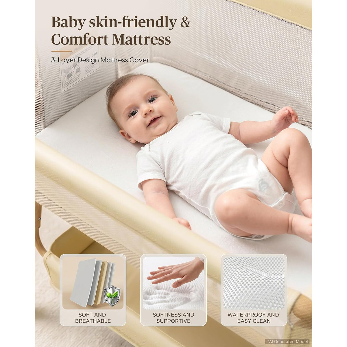 3 in 1 Baby Bassinet Bedside Sleeper Crib 5 Adjustable Heights Mesh Wheels