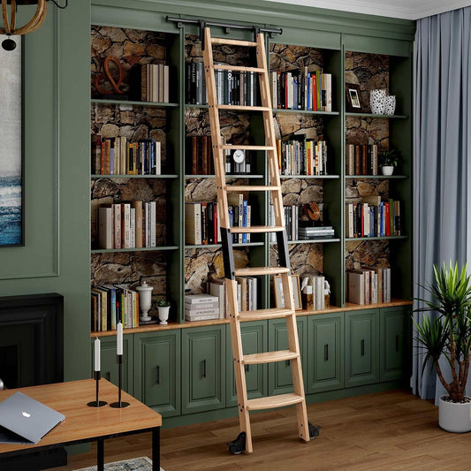 10FT Rolling Library Ladder 9 Step Solid Wood 4FT Sliding Track Handrail