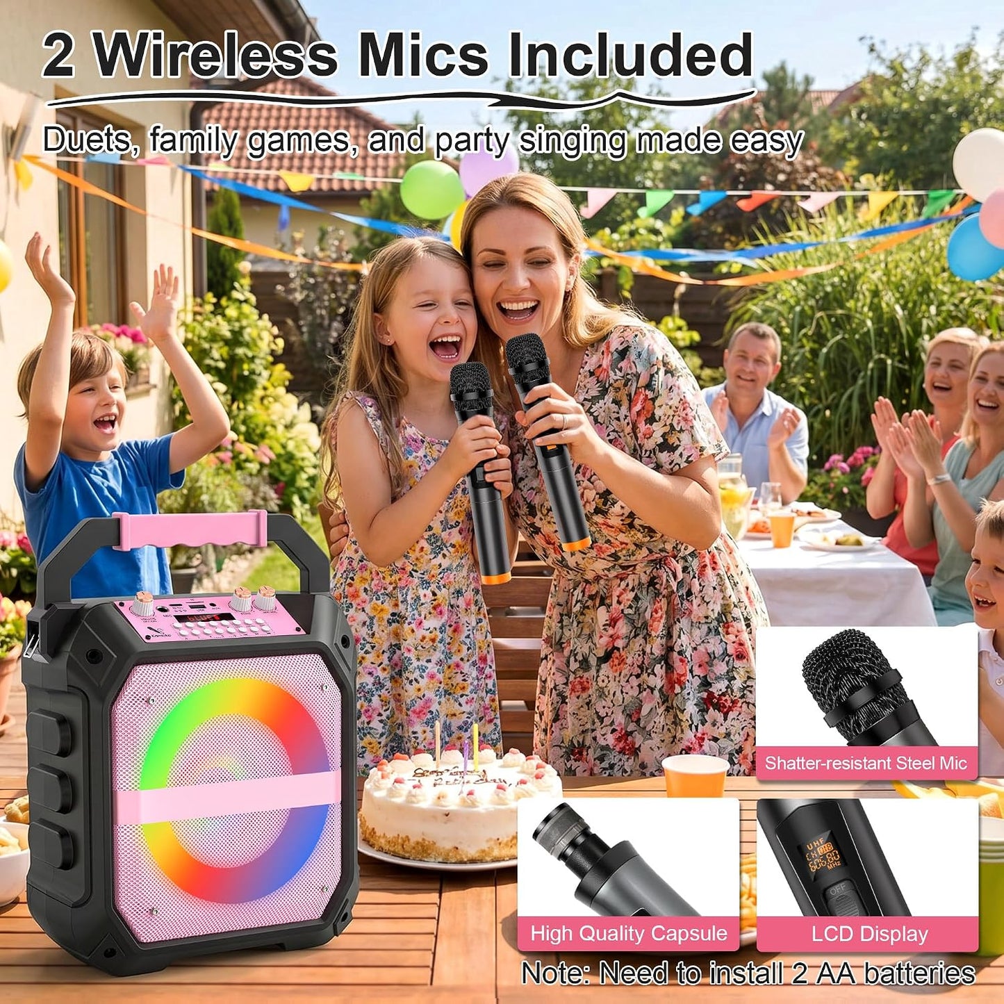 60W Karaoke Machine Wireless Microphones Bluetooth PA Speaker Pink LED Lights