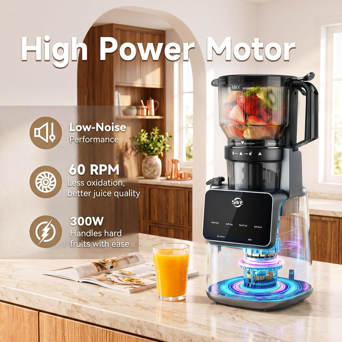 5ive 300W Cold Press Juicer 6.1" Wide Chute Juice Sorbet Nut Milk 1.2L