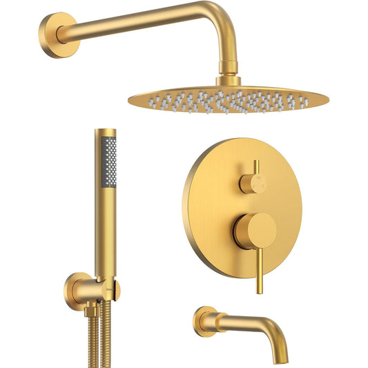 Shower Trim Kit Tub Spout Handheld 10" Rainfall Brushed Gold Pressure Balance