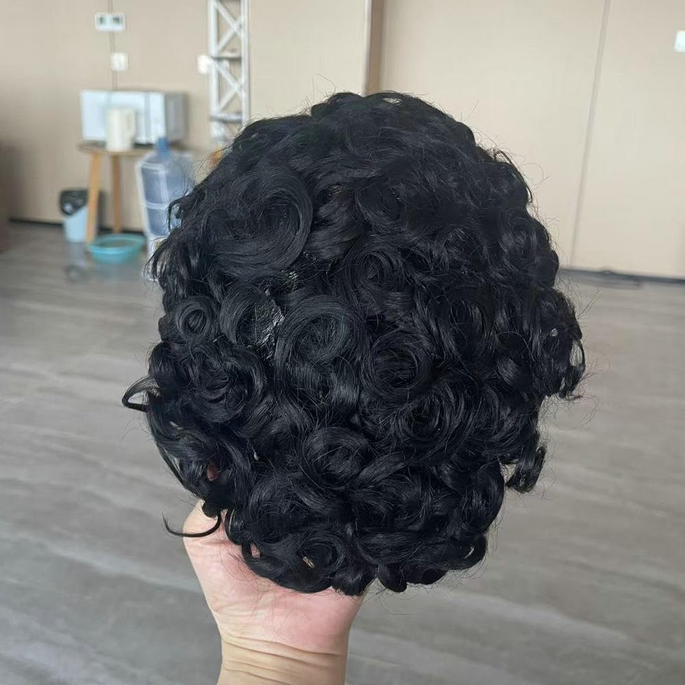 20MM Curly Mens Toupee 8x10 Mono PU 100% Human Hair 1B Hair Replacement