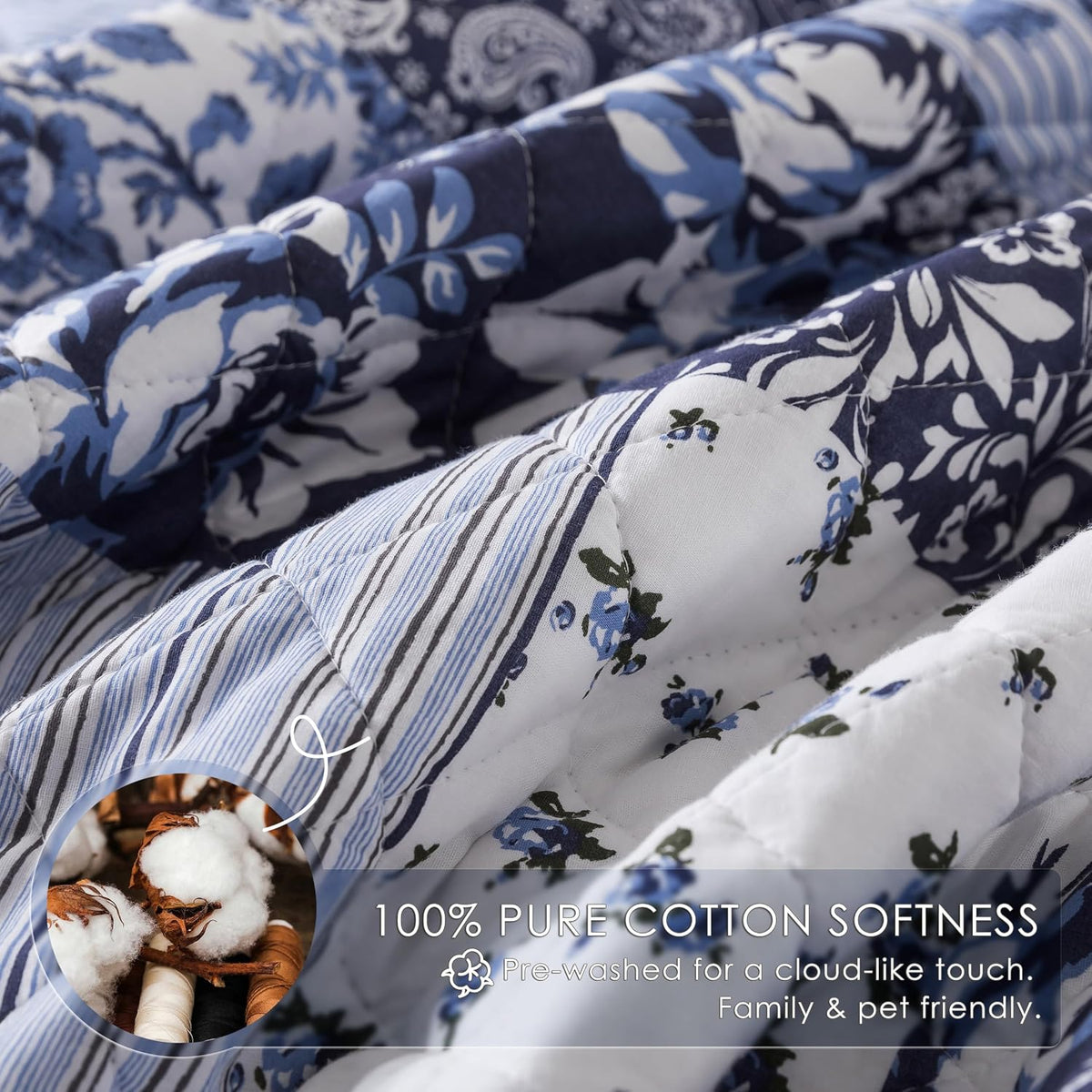 Palassio 100% Cotton Reversible Patchwork Quilt King Blue Grey Floral 3 Piece