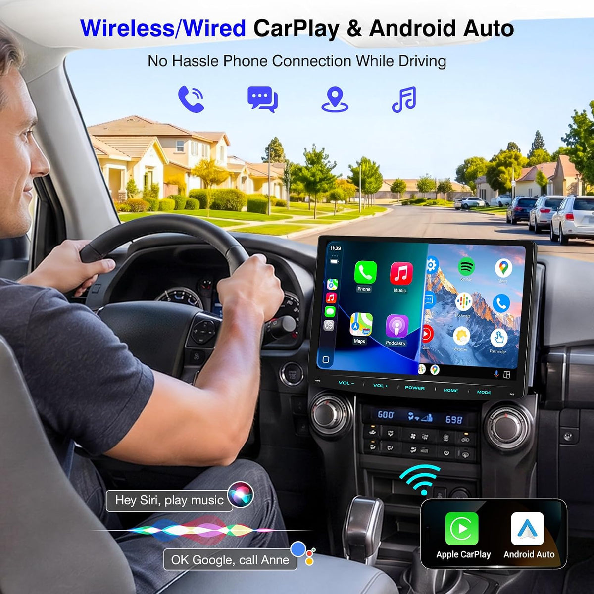 10.1" Double Din Car Stereo Wireless CarPlay Android Auto QLED Backup Camera