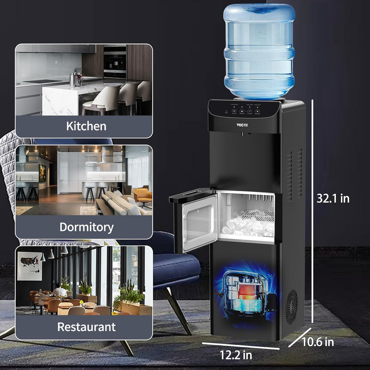 VECYS 5 Gallon Water Dispenser Ice Maker 27 Lb Daily Ice Child Safety Lock