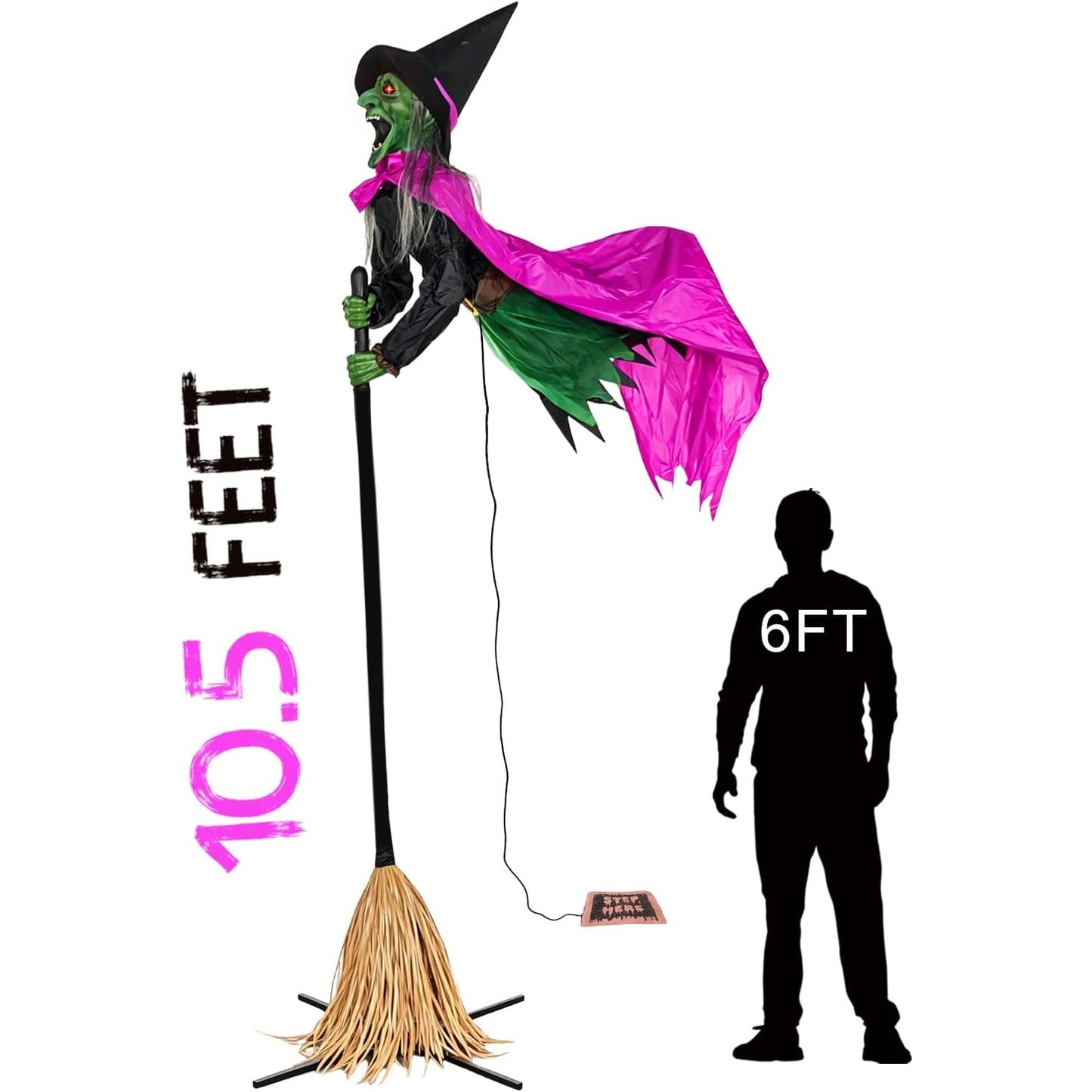 10.5FT Flying Witch Halloween Animatronic Hovering Broom Sound Light Outdoor