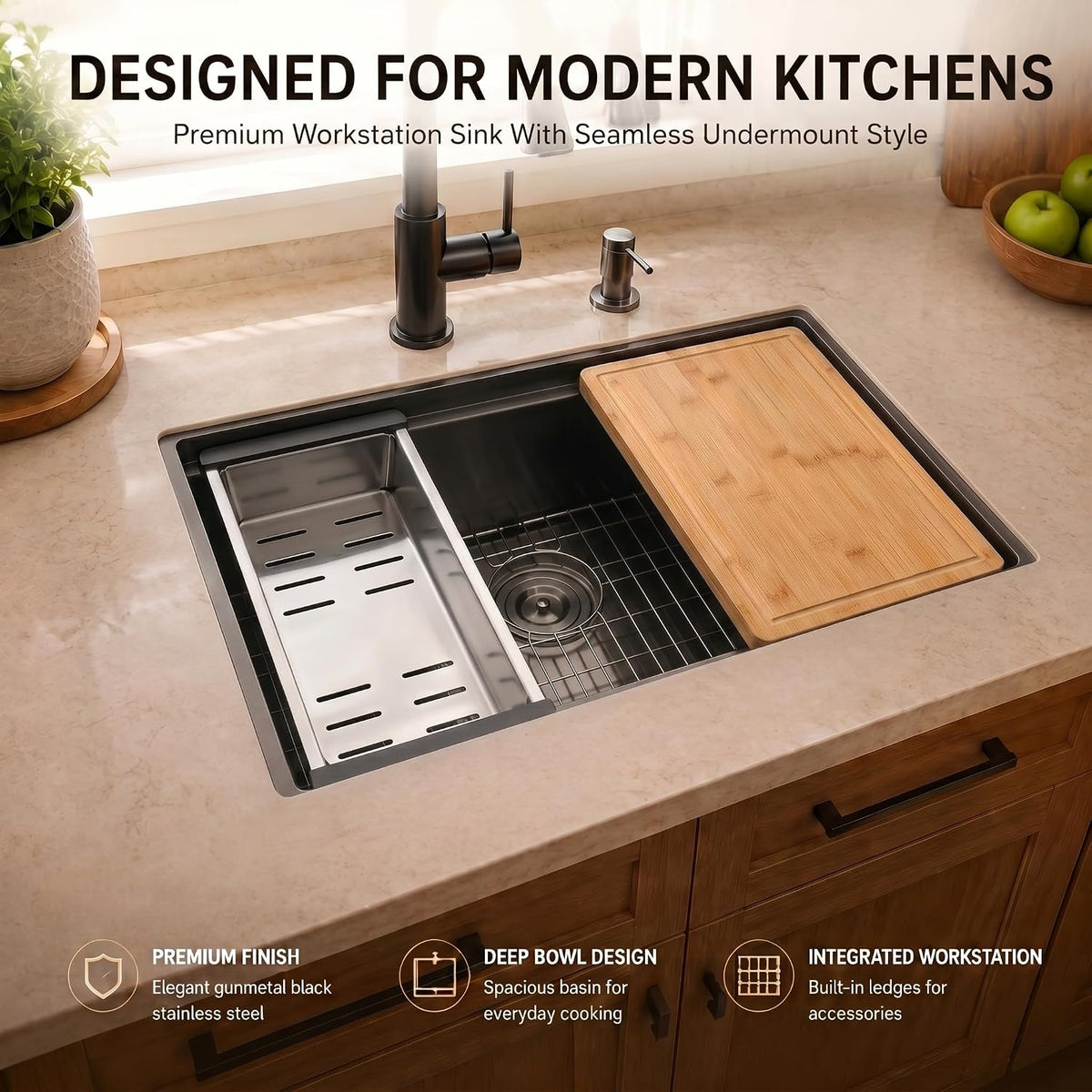 30in Black Stainless Steel Undermount Workstation Kitchen Sink Single Bowl