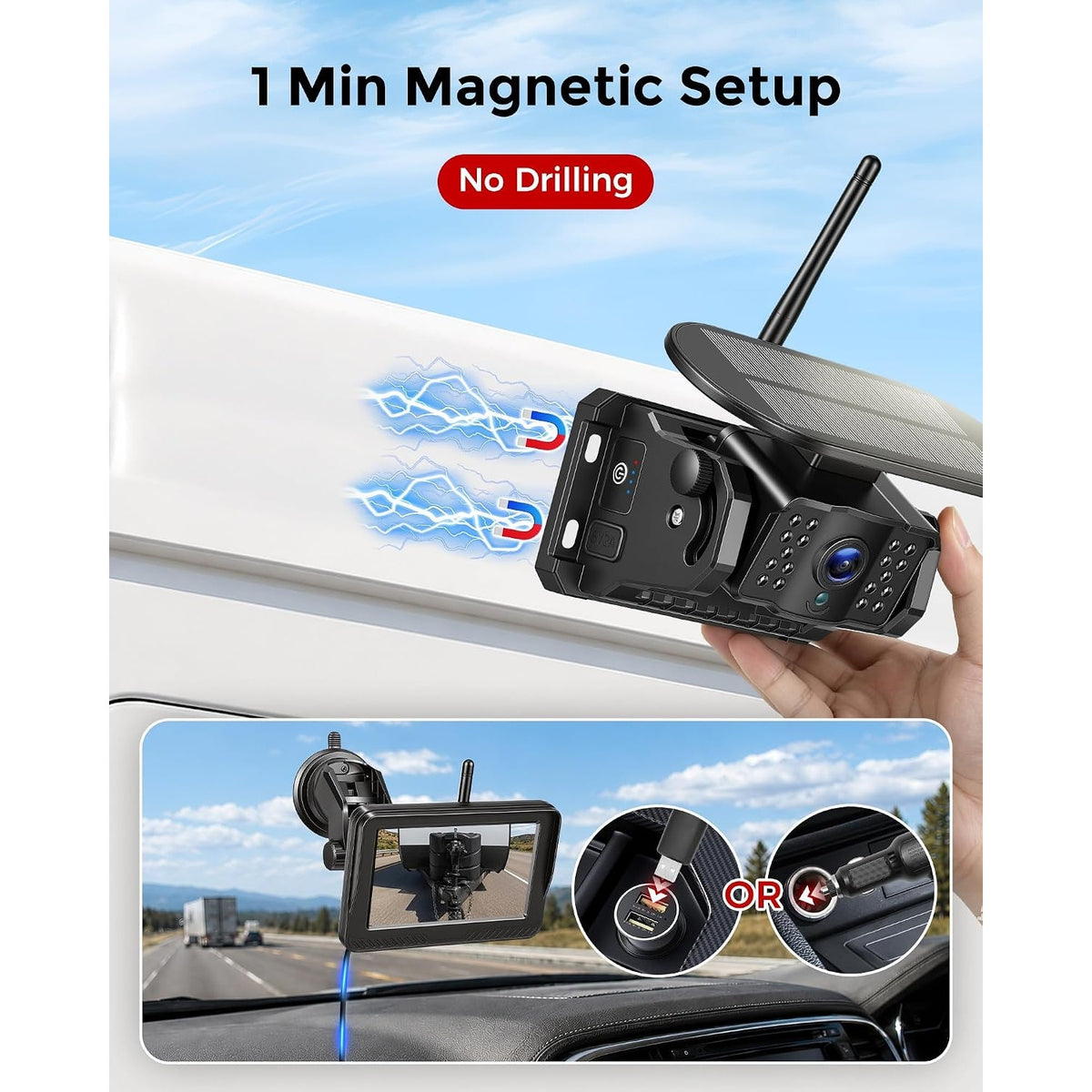 Magnetic Wireless Backup Camera 5.1" 1080P 15000mAh Solar RV Truck Trailer