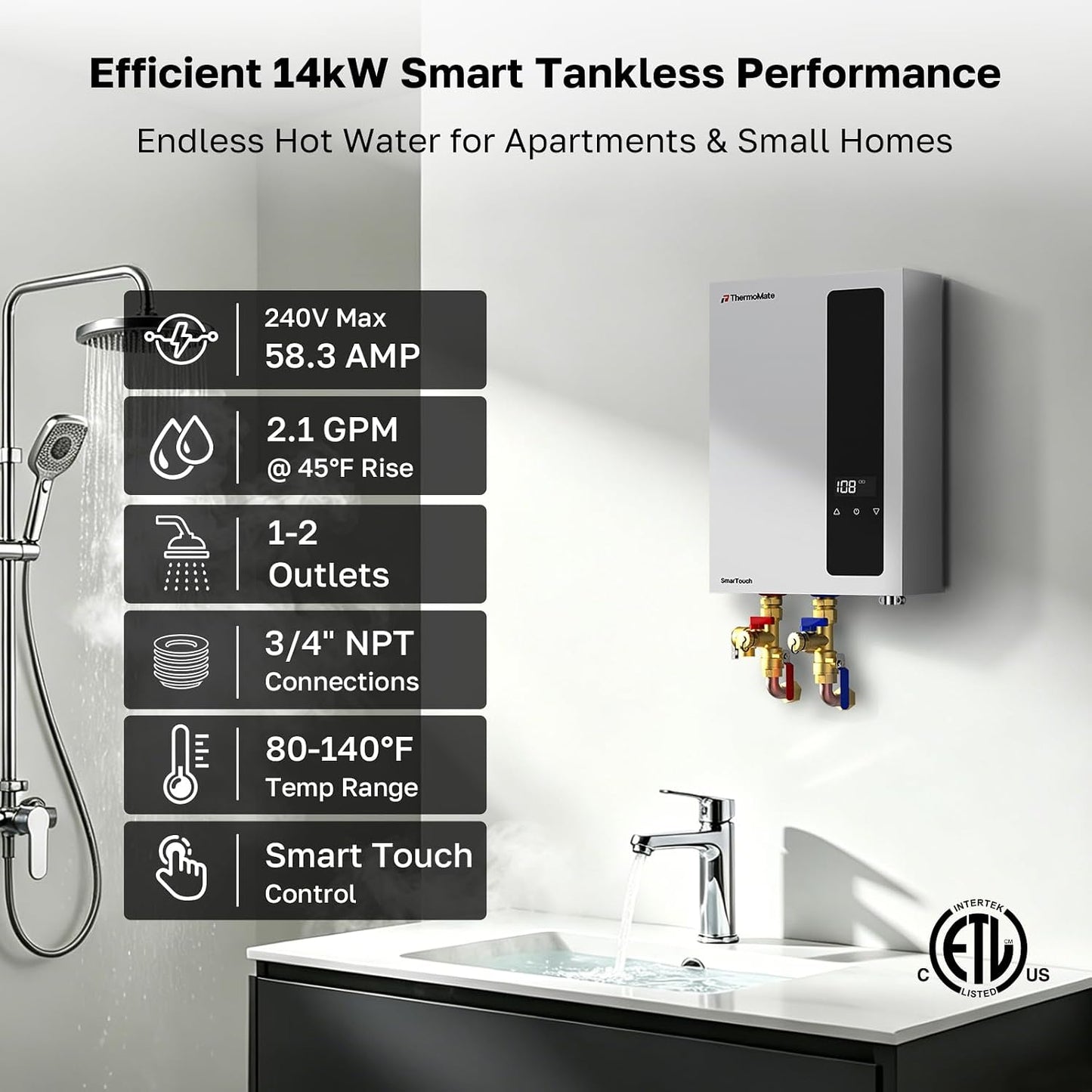 ThermoMate 14kW Tankless Electric Water Heater 240V Instant Hot Water ETL