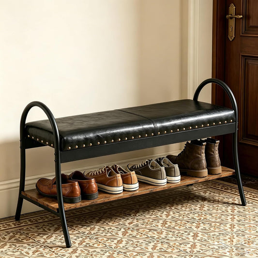 Forteek 39.4in Shoe Bench with Shelf Industrial Faux Leather Entryway Bench