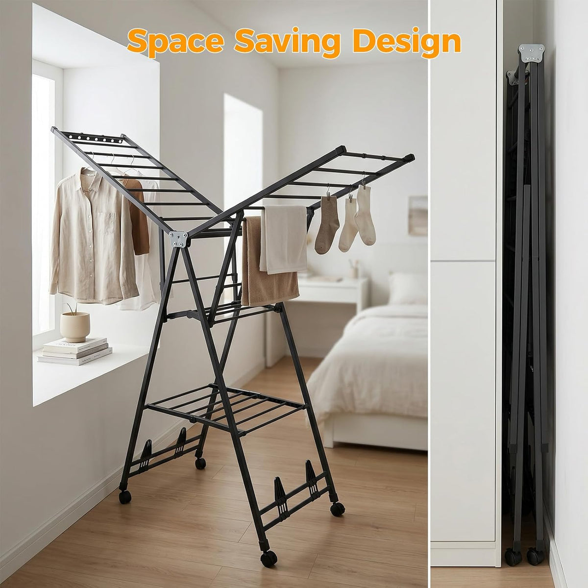 2-Tier Folding Clothes Drying Rack Metal Laundry Hanger Indoor Outdoor Portable