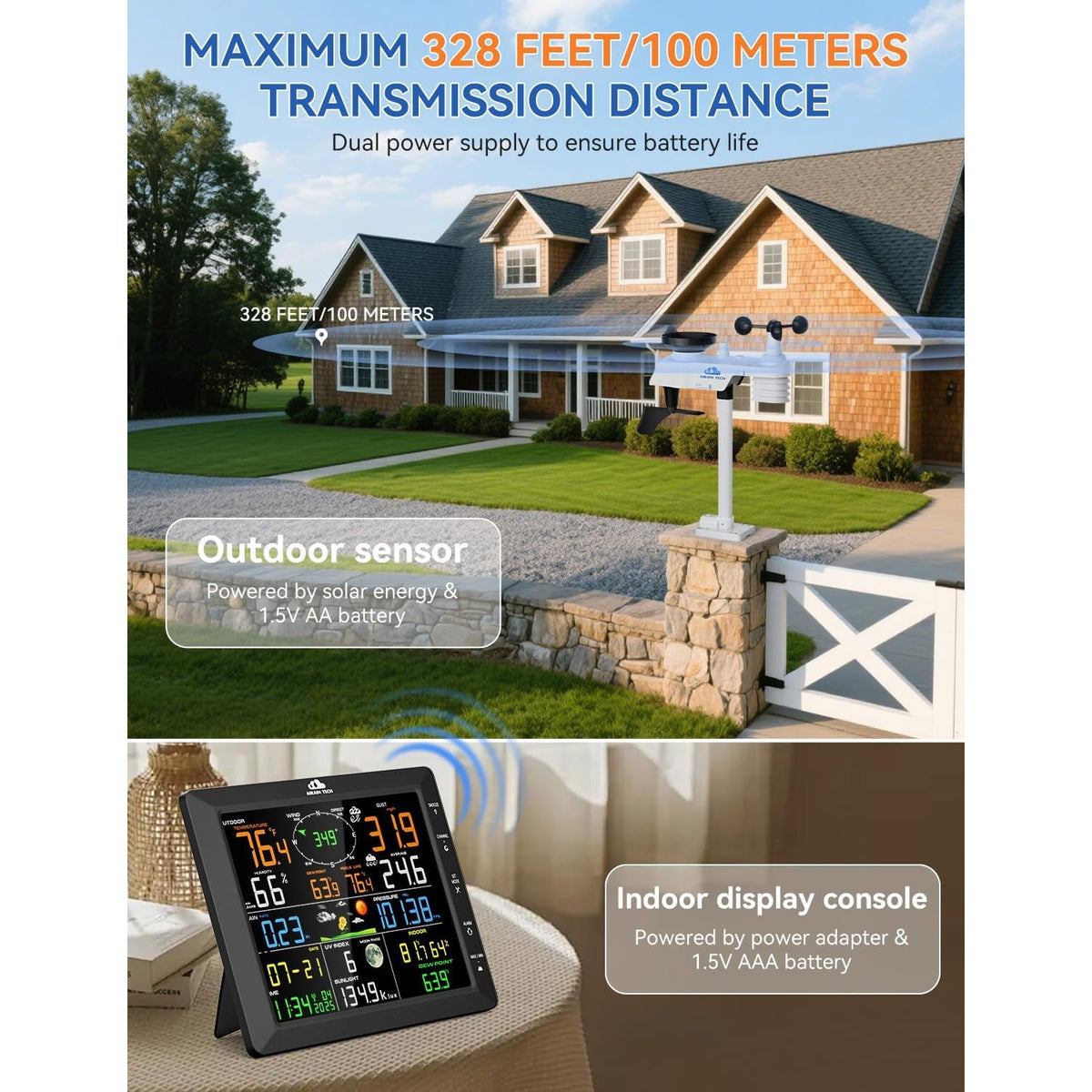 AIRAIN TECH A6 Wireless Weather Station Dual 6.5" Displays Rain Wind Sensor