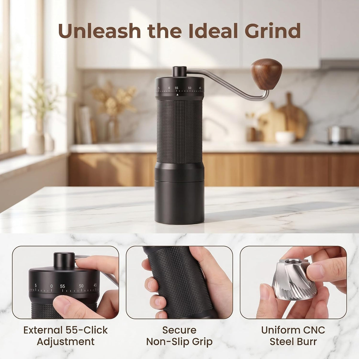 7-Star Burr Manual Coffee Grinder 55-Step Dial All-Metal 0.1mg Click Travel