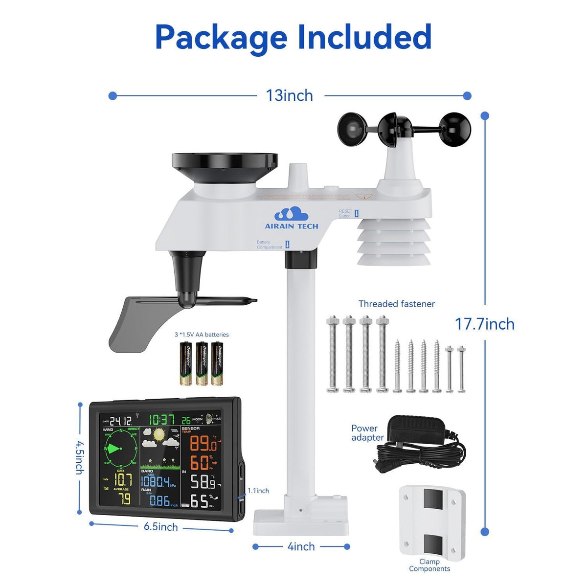 AIRAIN TECH A6 10-in-1 Wireless Weather Station Dual Display Rain Wind, no WiFi