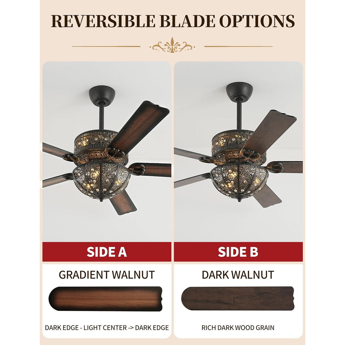 Vivlite 52" Vintage Chandelier Ceiling Fan Light Antique Bronze Crystal 5 Blade
