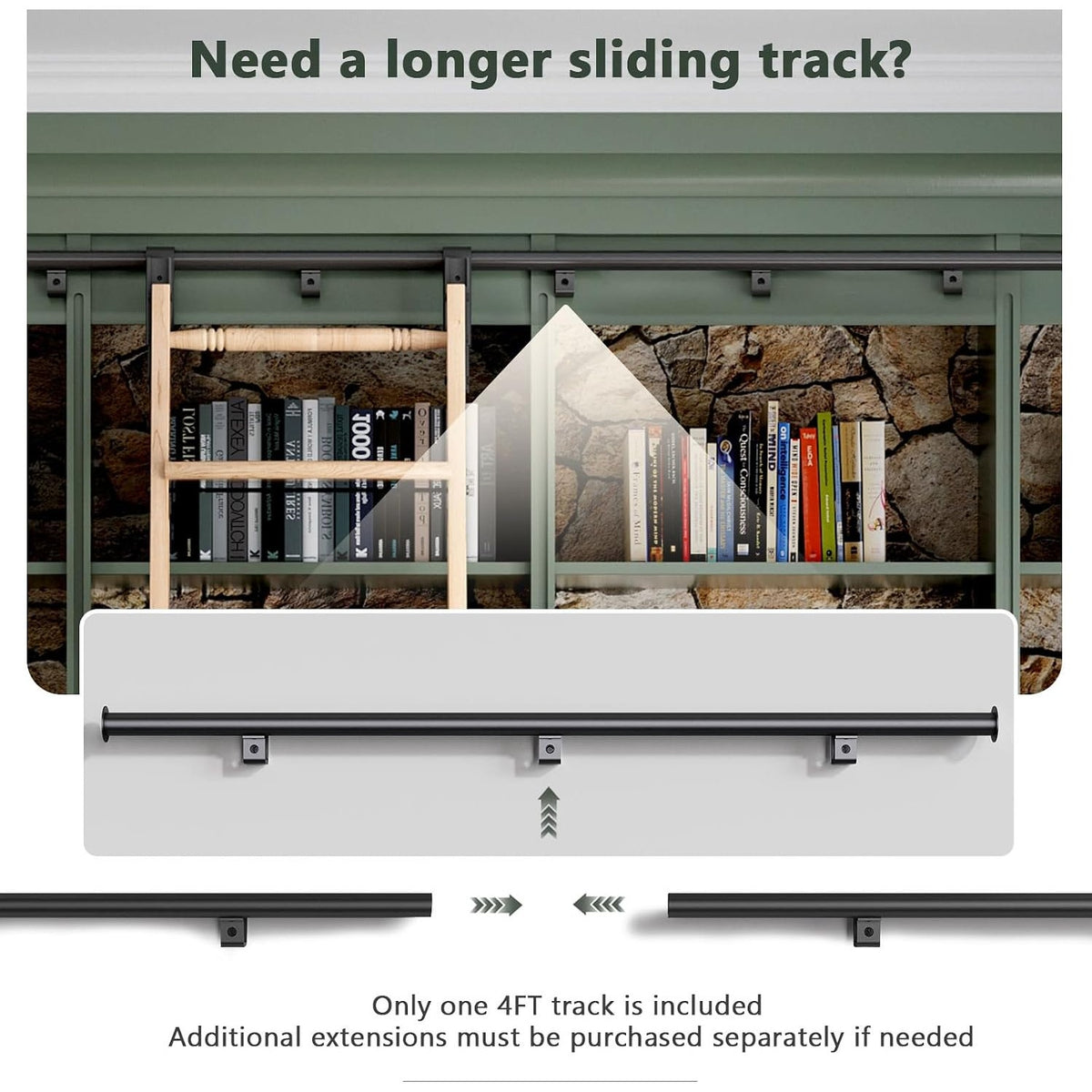 10FT Rolling Library Ladder 9 Step Solid Wood 4FT Sliding Track Handrail