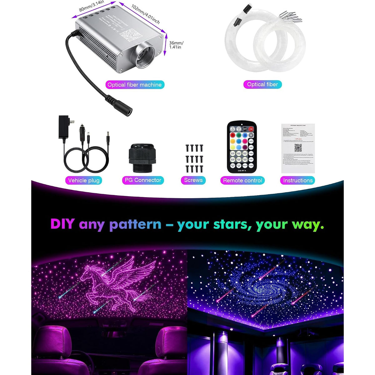 WEBUPAR 450pc Fiber Optic Starlight Headliner 16W RGBW Twinkle Meteor APP