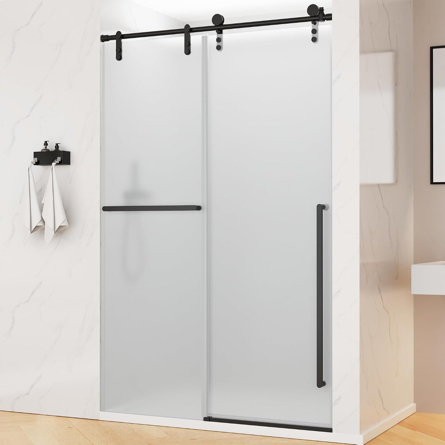 Frosted Glass Shower Door Frameless Sliding 44-48" x 76" Matte Black Tempered