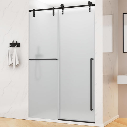Frosted Glass Shower Door Frameless Sliding 44-48" x 76" Matte Black Tempered