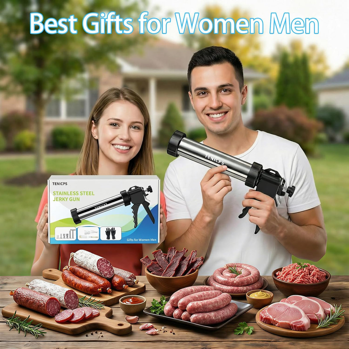 Stainless Steel Jerky Gun Kit Sausage Stuffer 5 Nozzles Meat Maker